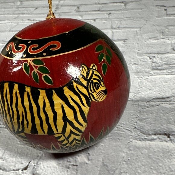 Paper Mache Hand Painted African Tiger Theme Christmas Tree Vintage Ornament - Picture 2 of 12